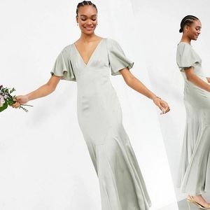 ASOS EDITION satin maxi dress with flutter sleeve in sage green #7196